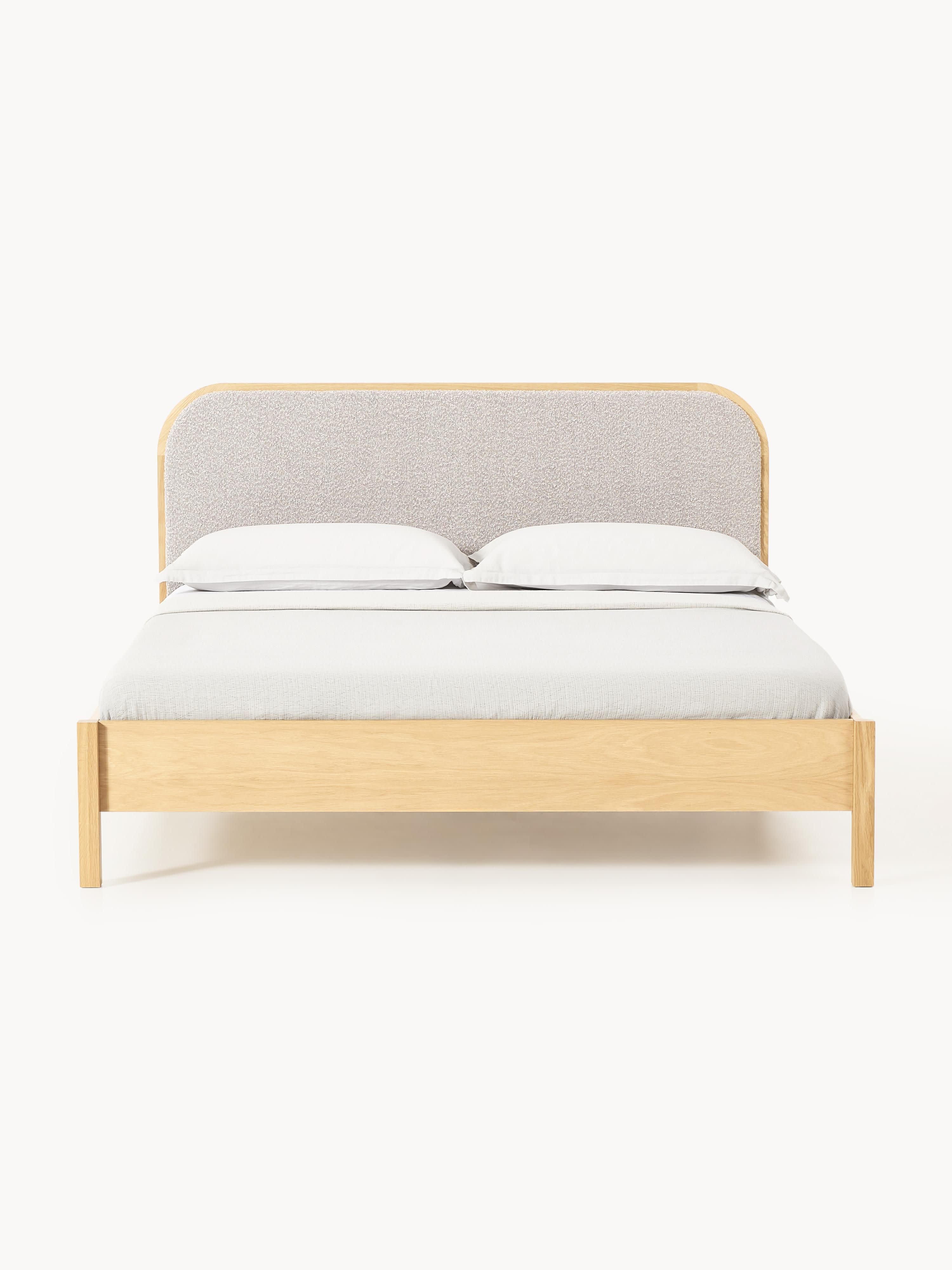 Houten bed Jones met hoofdeinde van bouclé