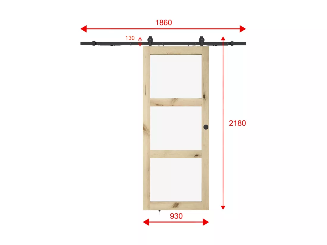 Porte coulissante avec système en applique en bois et verre trempé dépoli - 3 fenêtres - H205 x L93 cm - ACOSTA II