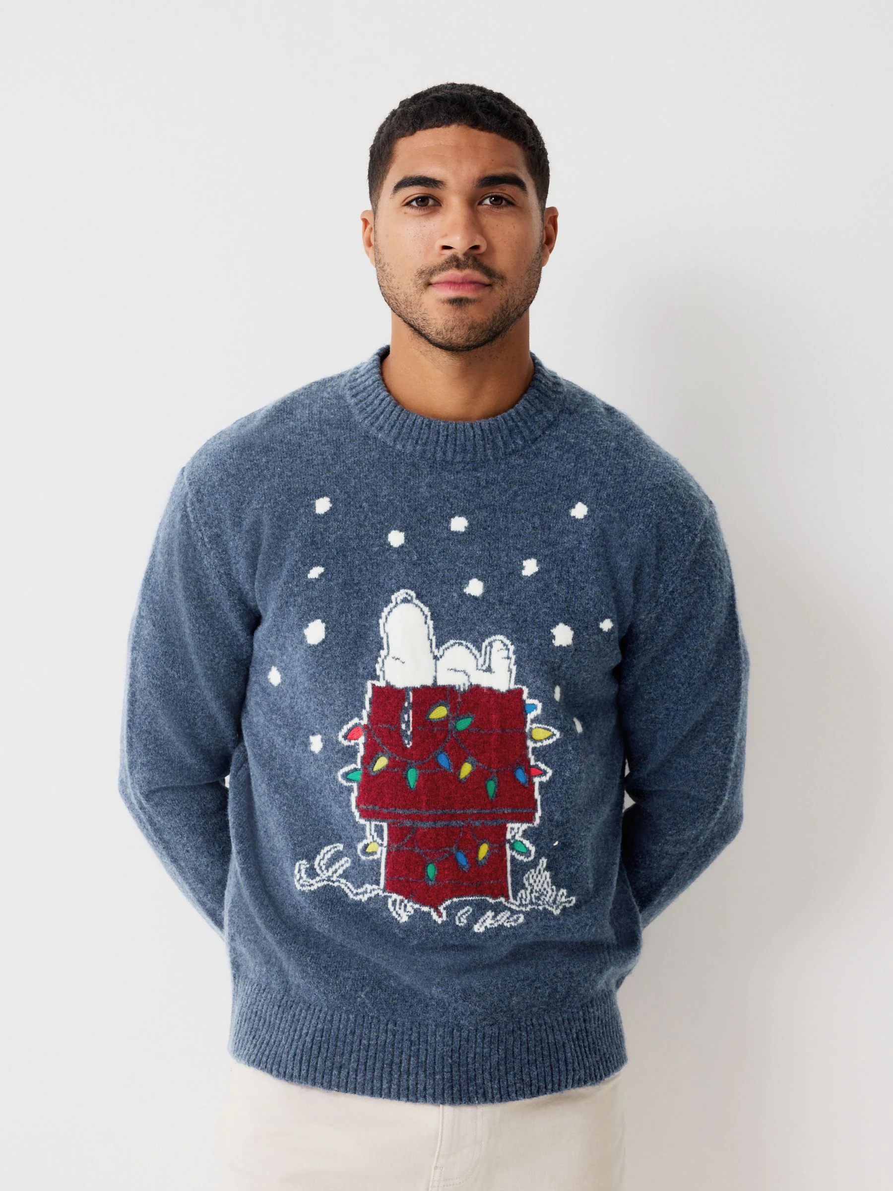 Blauw - Regular Fit Snoopy Christmas Crew Neck Jumper with Wool