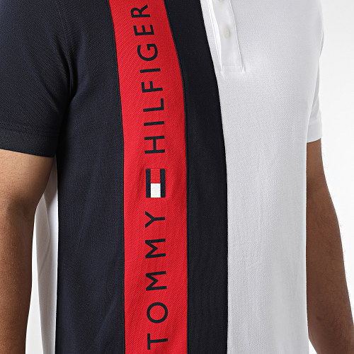 Polo Manches Courtes Vertical Colorblock 4751 Blanc Bleu Marine