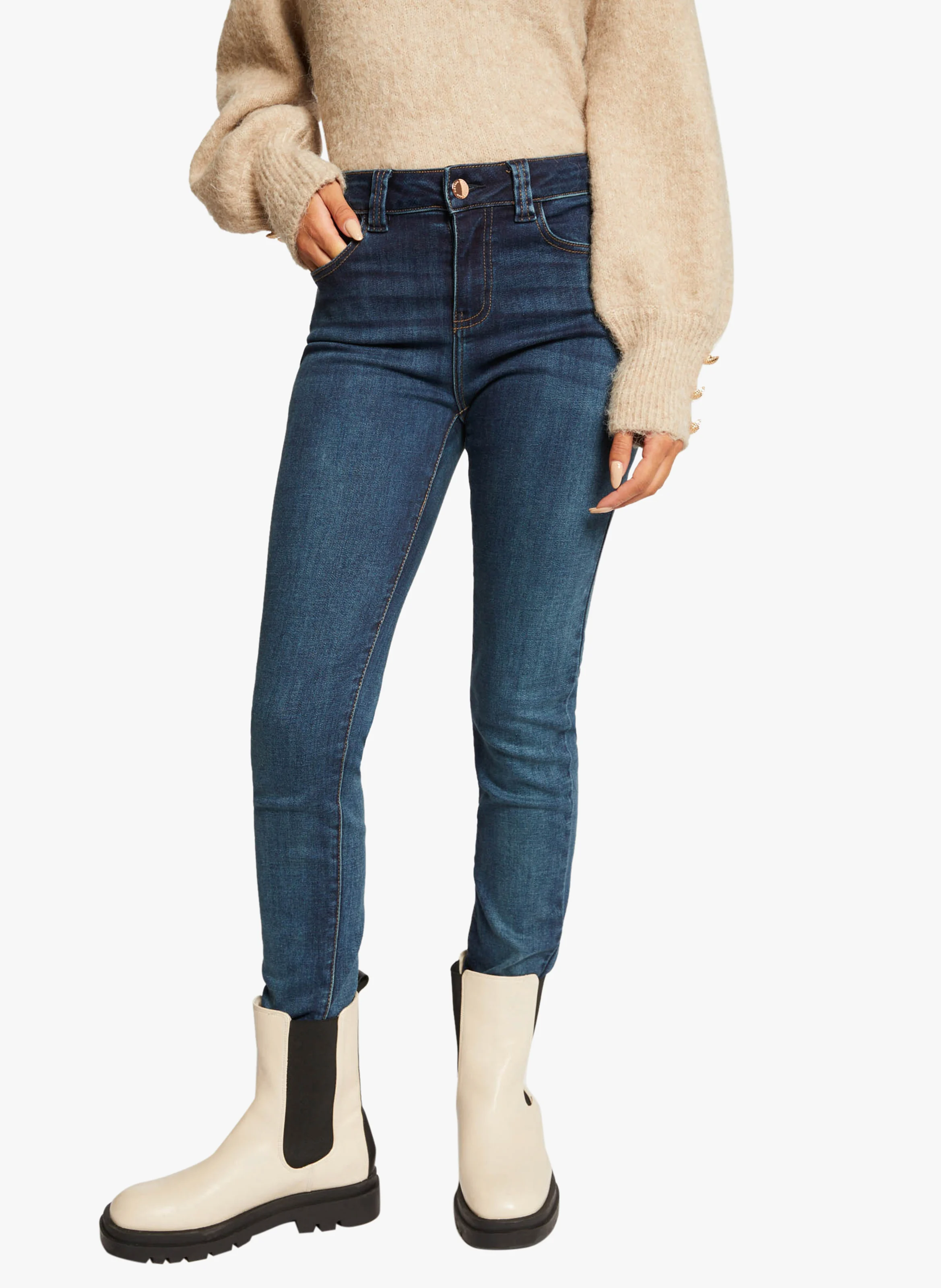 POMS - Jeans slim taille haute délavé| Bleu