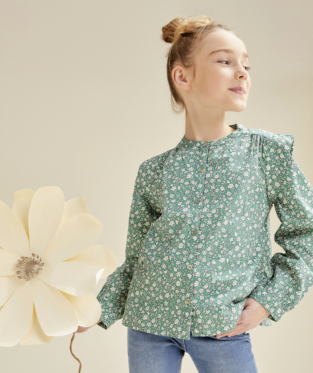 BLOUSE FILLE EN COTON IMPRIMÉ FLEURI VERT ET BLANC