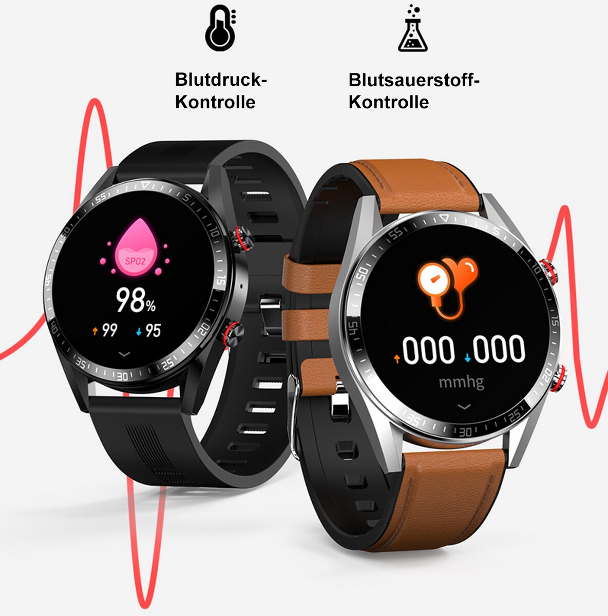 TPFNet Smart Watch / Fitness Tracker IP67 - Milanaise Armband + Silikon Armband - Android & IOS - Schwarz