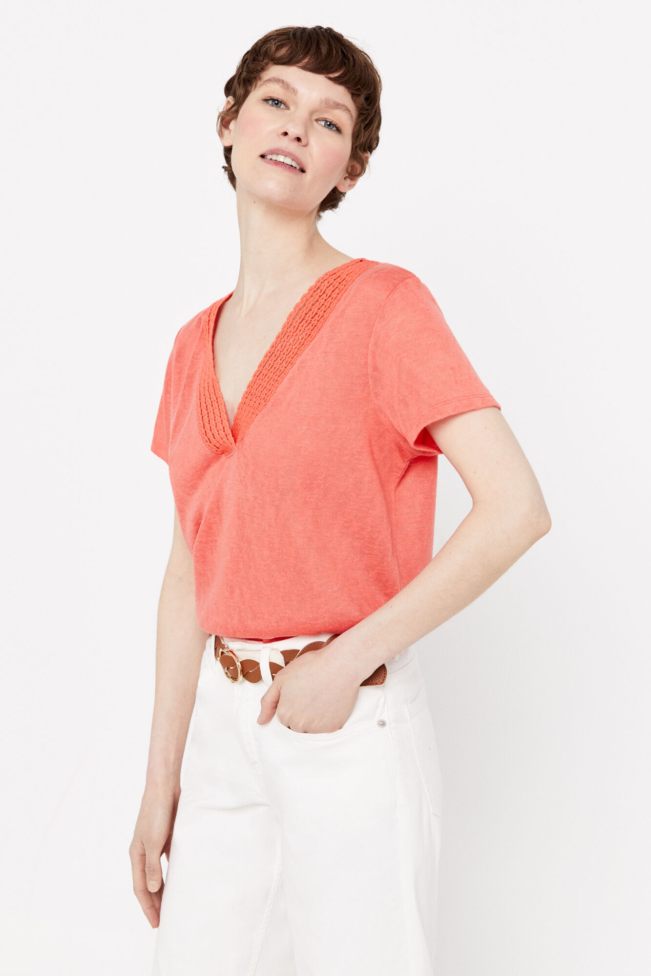 Camiseta com efeito linho - Coral