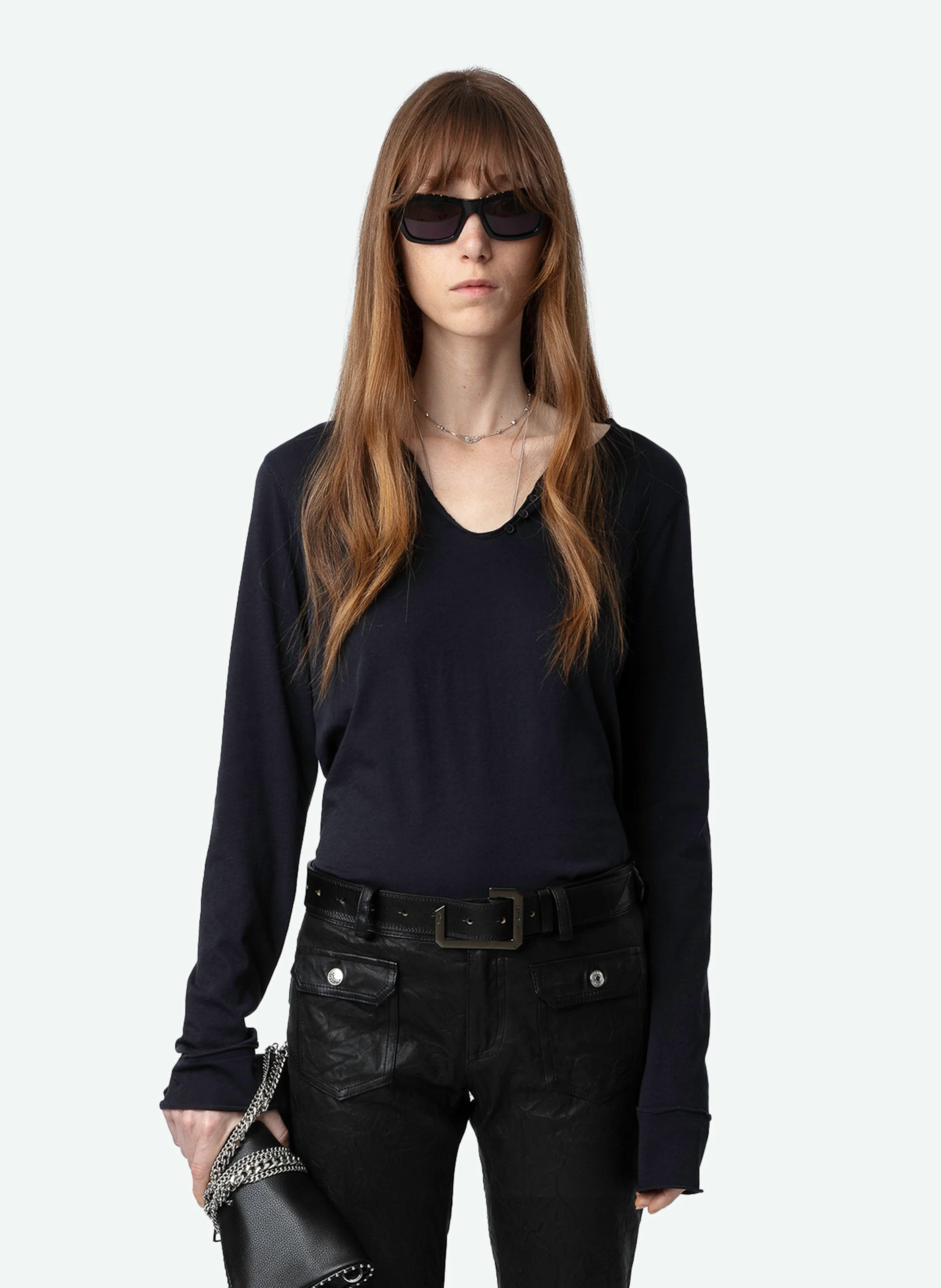 Tee-shirt droit col tunisien en coton | Bleu