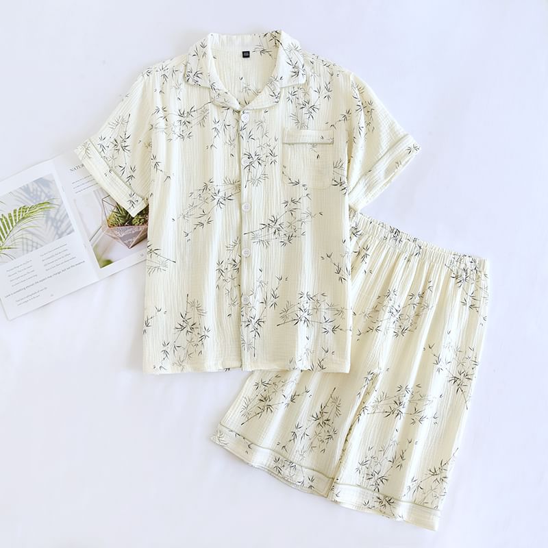 Dogini - Pyjamaset: overhemd met korte mouwen en bladprint + korte broek