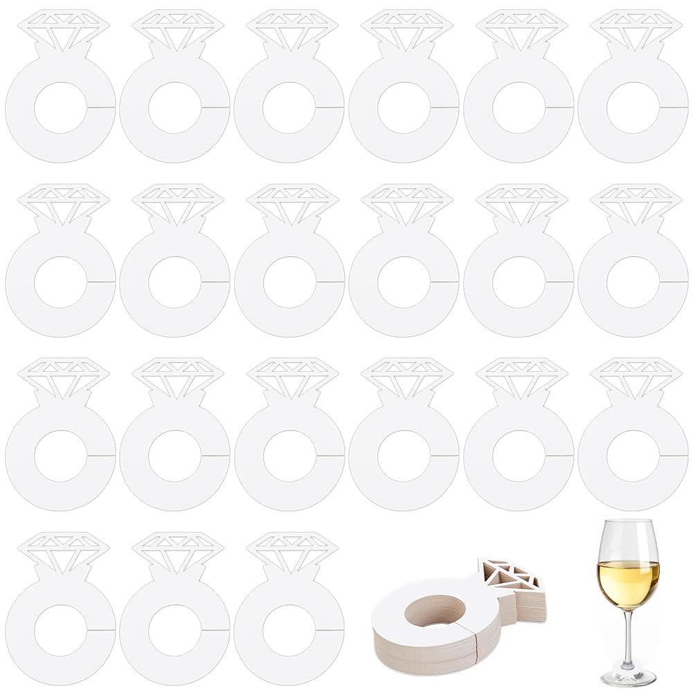 (50er Set) Ø42x60mm Papier Glas Deko Hochzeits Tischkarten Diamant Ring Namenskarten - Weiss