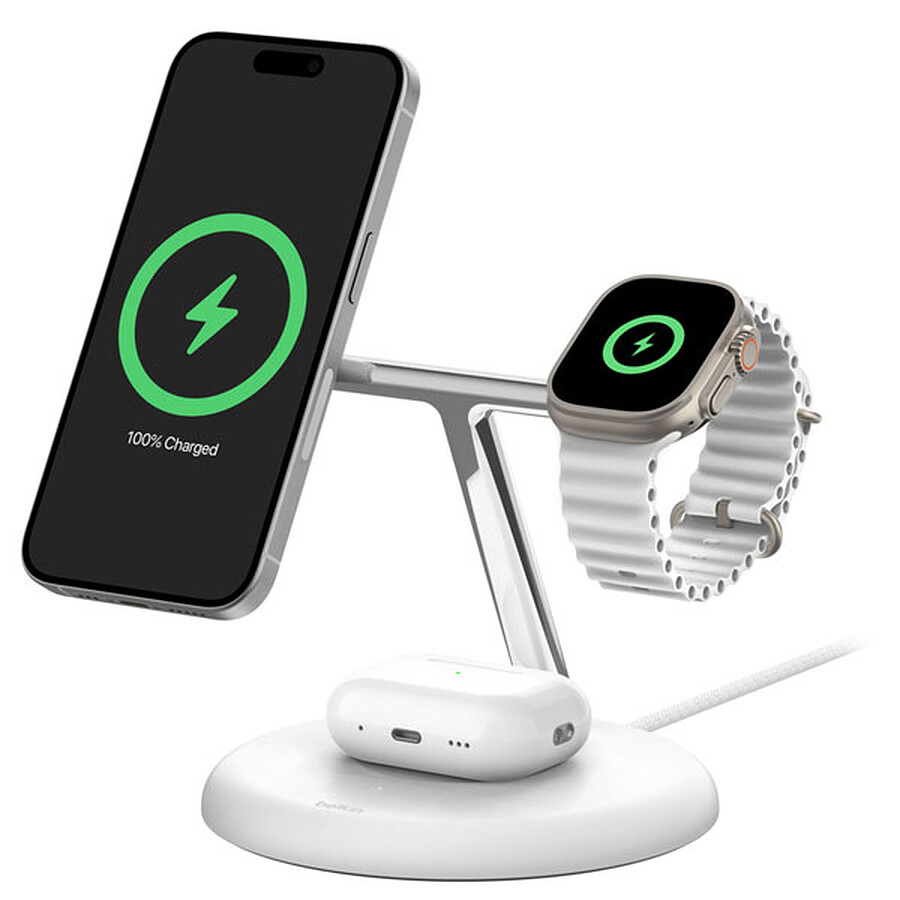 Belkin Chargeur Magsafe Qi2 15W pour iPhone, Airpods et AppleWatch - Blanc