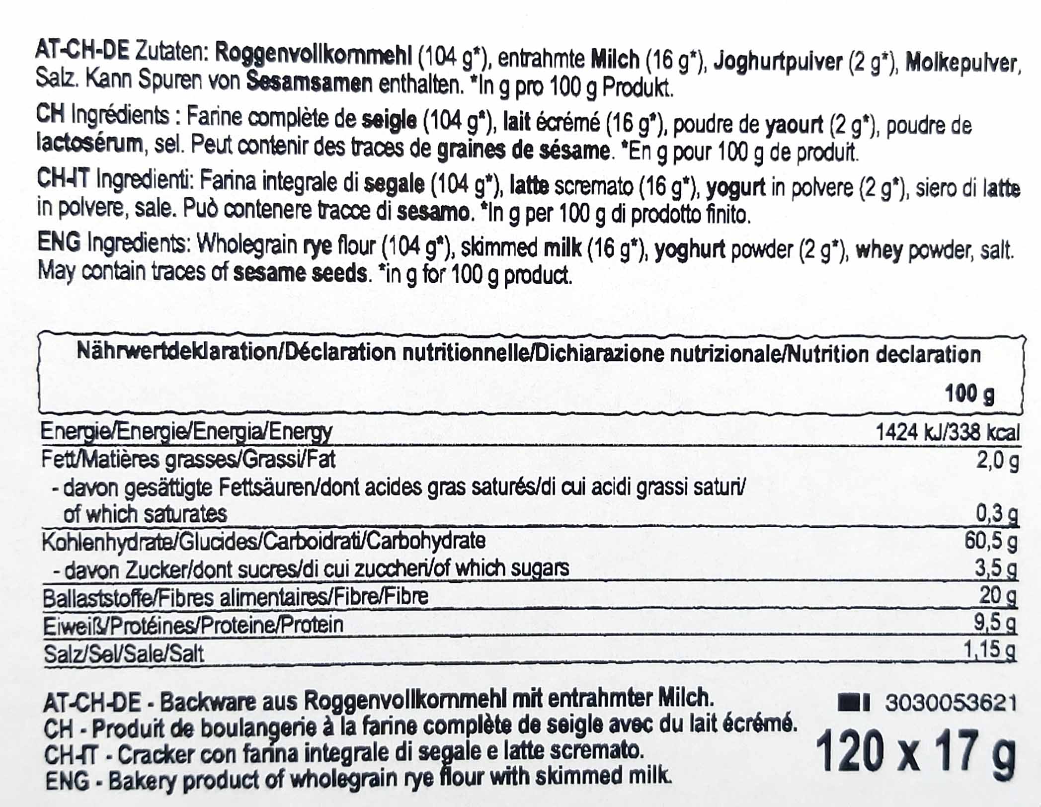 Wasa Knäckebrot Milch & Joghurt 120x17g= 2,04 kg MHD:30.9.25