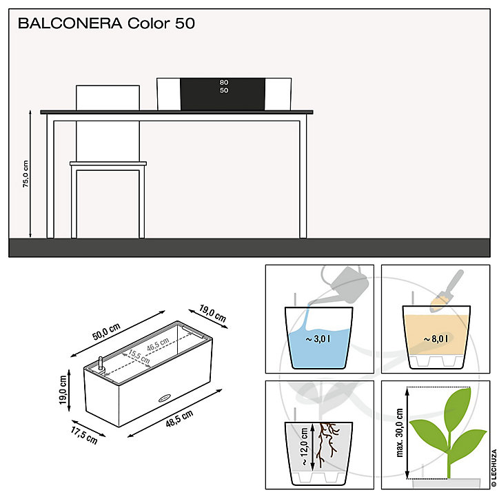 Jardinière plastique LECHUZA Balconera color gris 50 x 19 x h.19 cm