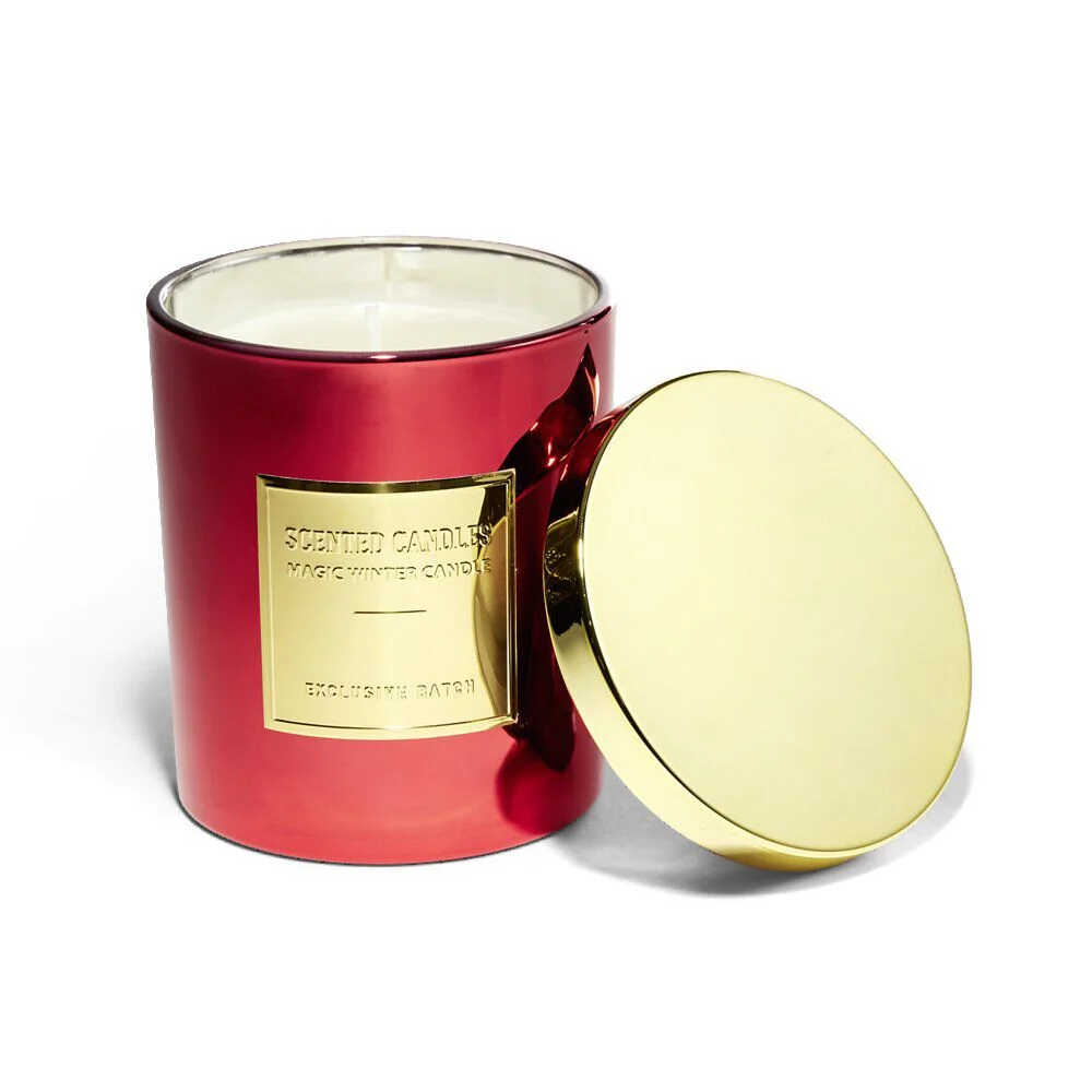 Bougie ronde avec couvercle dans verre métallisé rouge H9cm