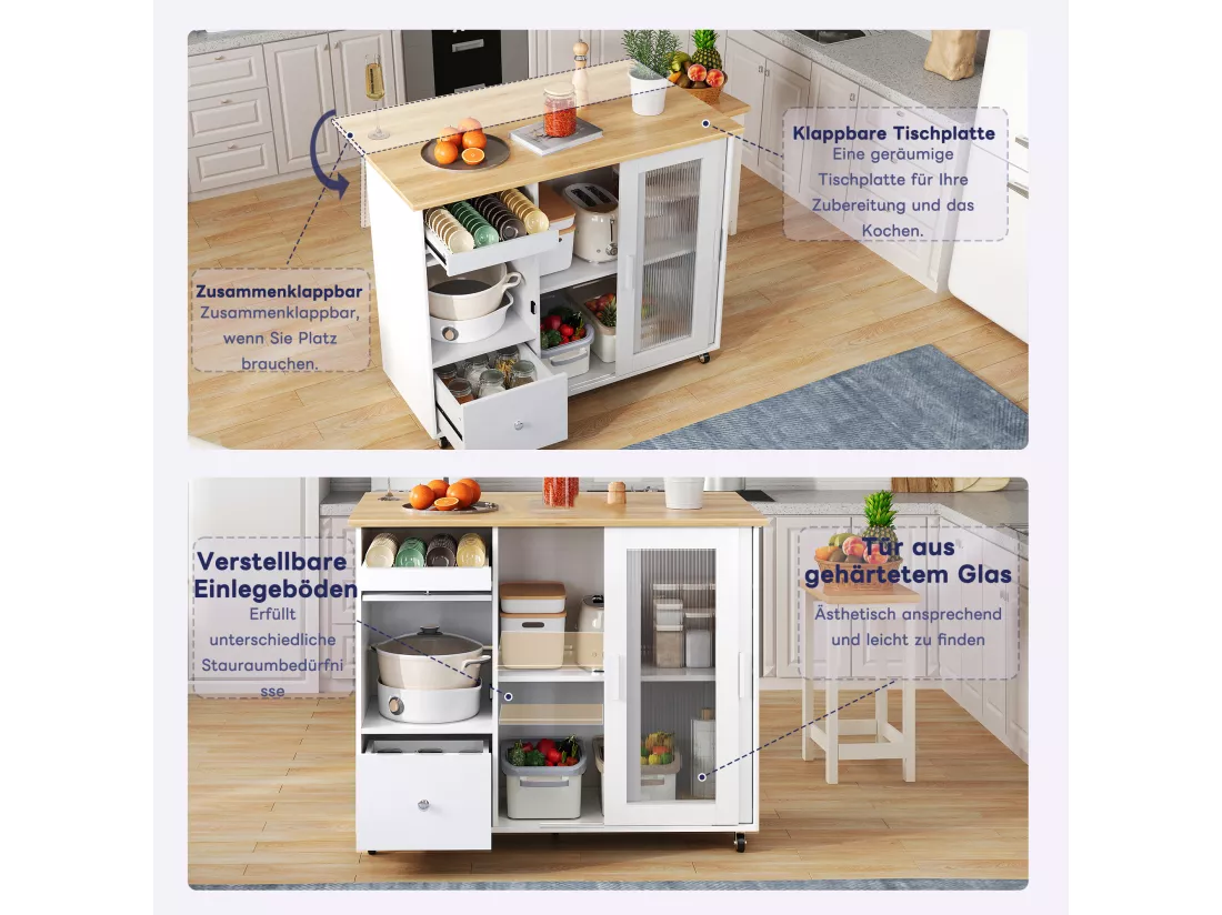 Ilot central de cuisine mobile avec 2 portes coulissantes, 1 tiroir et casier à vin - plateau extensible - 112x46/69x91 cm - MDF - Blanc