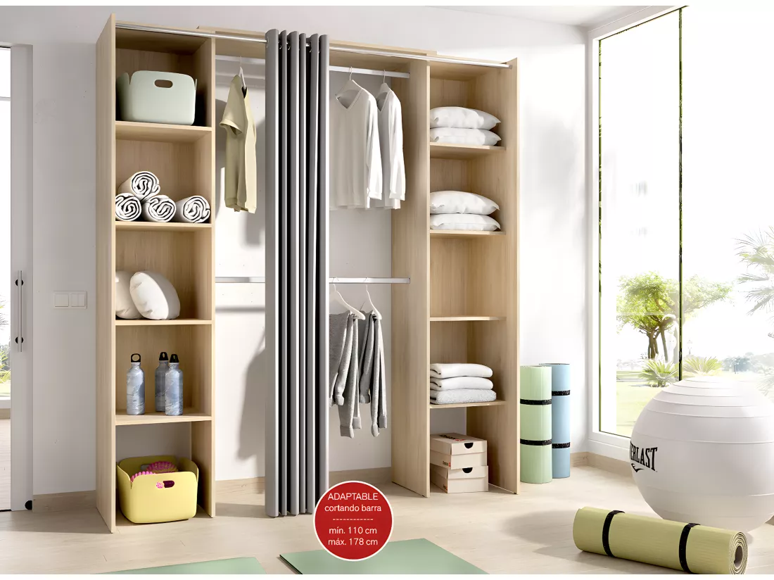 Armoire dressing extensible coloris chêne naturel avec rideau - Longueur 180 x Profondeur 50 x Hauteur 205 cm