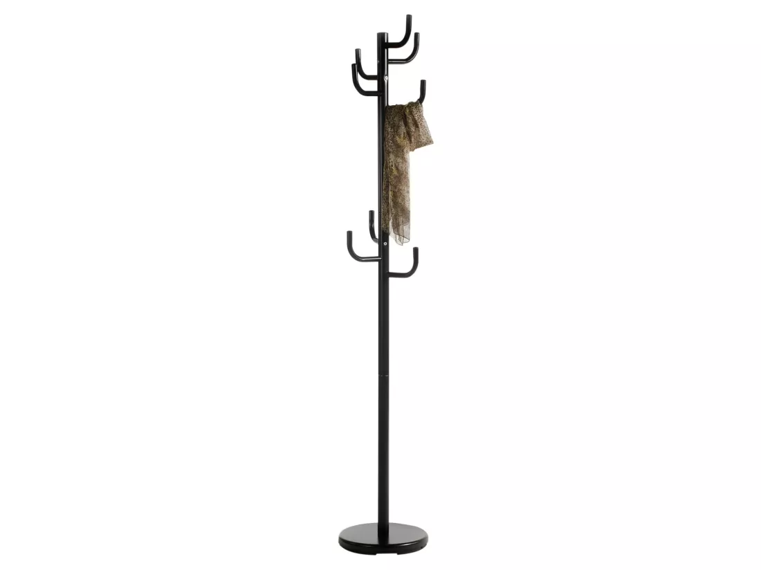 Porte-manteaux MILA portant pour vêtements sur pied hauteur 174 cm socle rond et 8 crochets, meuble d'entrée en métal laqué noir