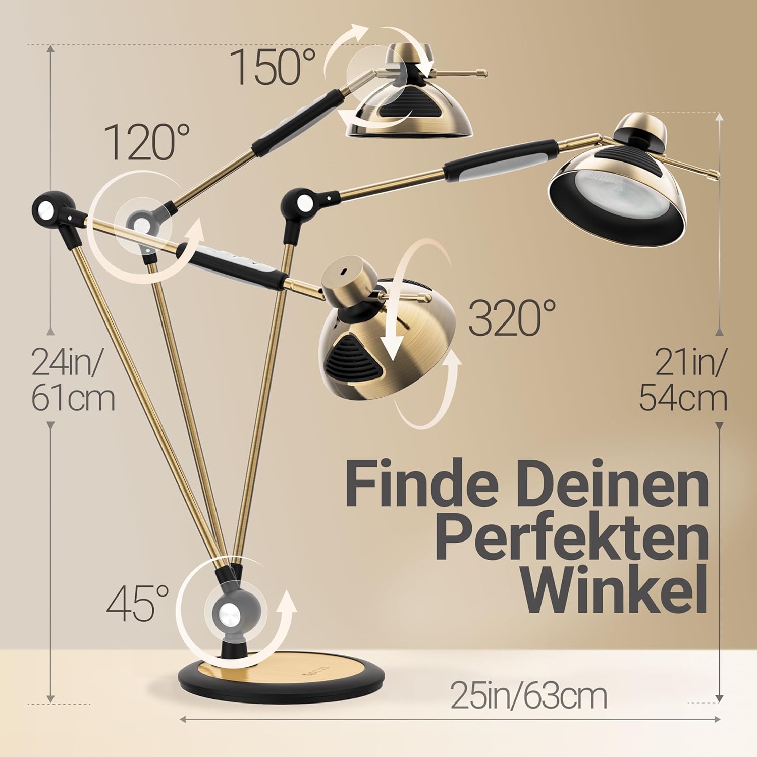 OTUS Schreibtischlampe LED Dimmbar mit Gestensteuerung | Retro Schreibtisch Lampe 3 Farbmodi, 12 Helligkeitsstufen & Flexarm aus Metall | LED Tischlampe & Arbeitsleuchte für Büro Home Lesen - Messing
