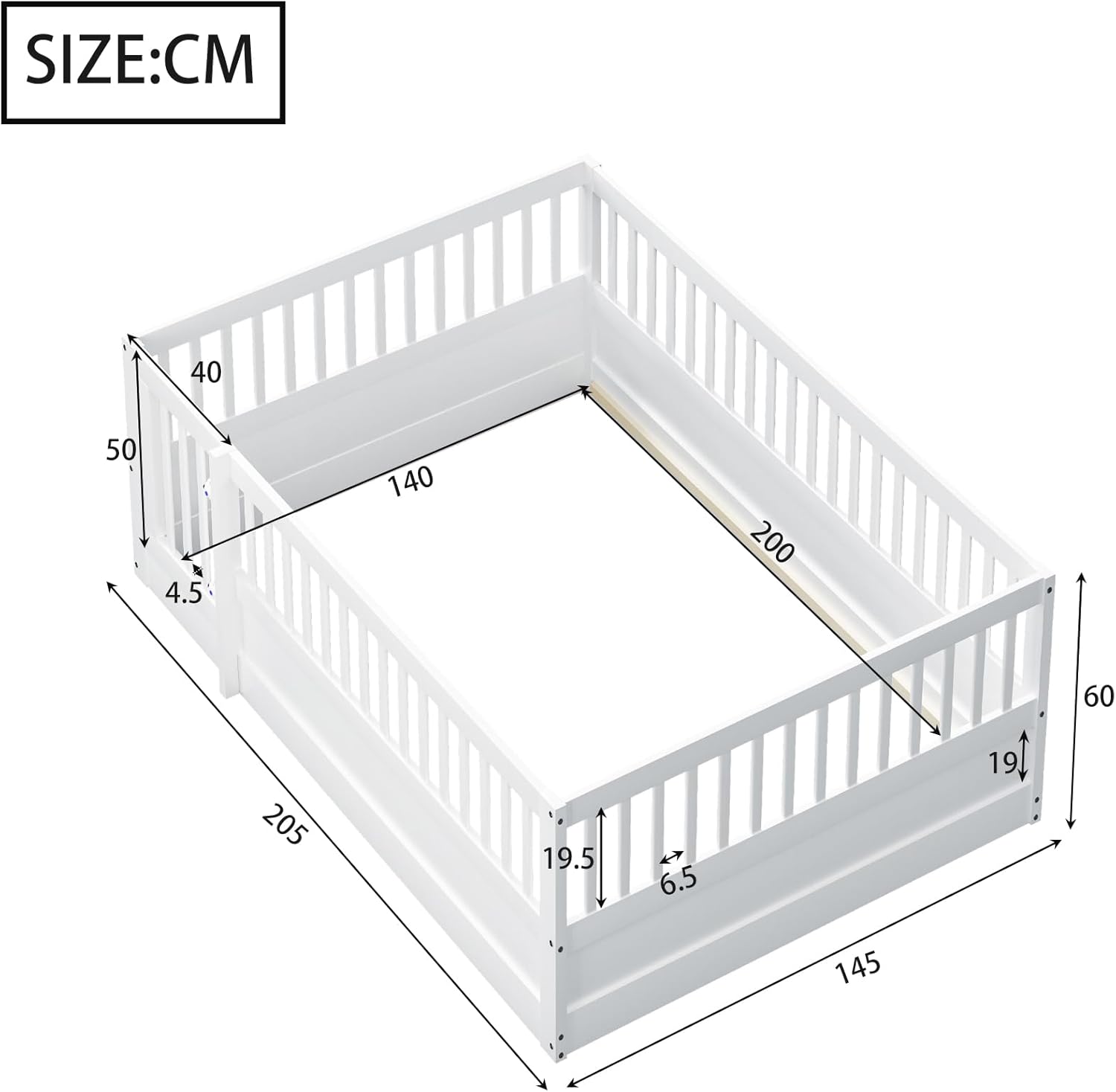 Kinderbett 140x200 cm, Bodenbett mit Gitter und Tür, Holzbett Bettgestell ohne Lattenrost, Bett für Kinder Jungen Mädchen (Ohne Matratze) Weiß