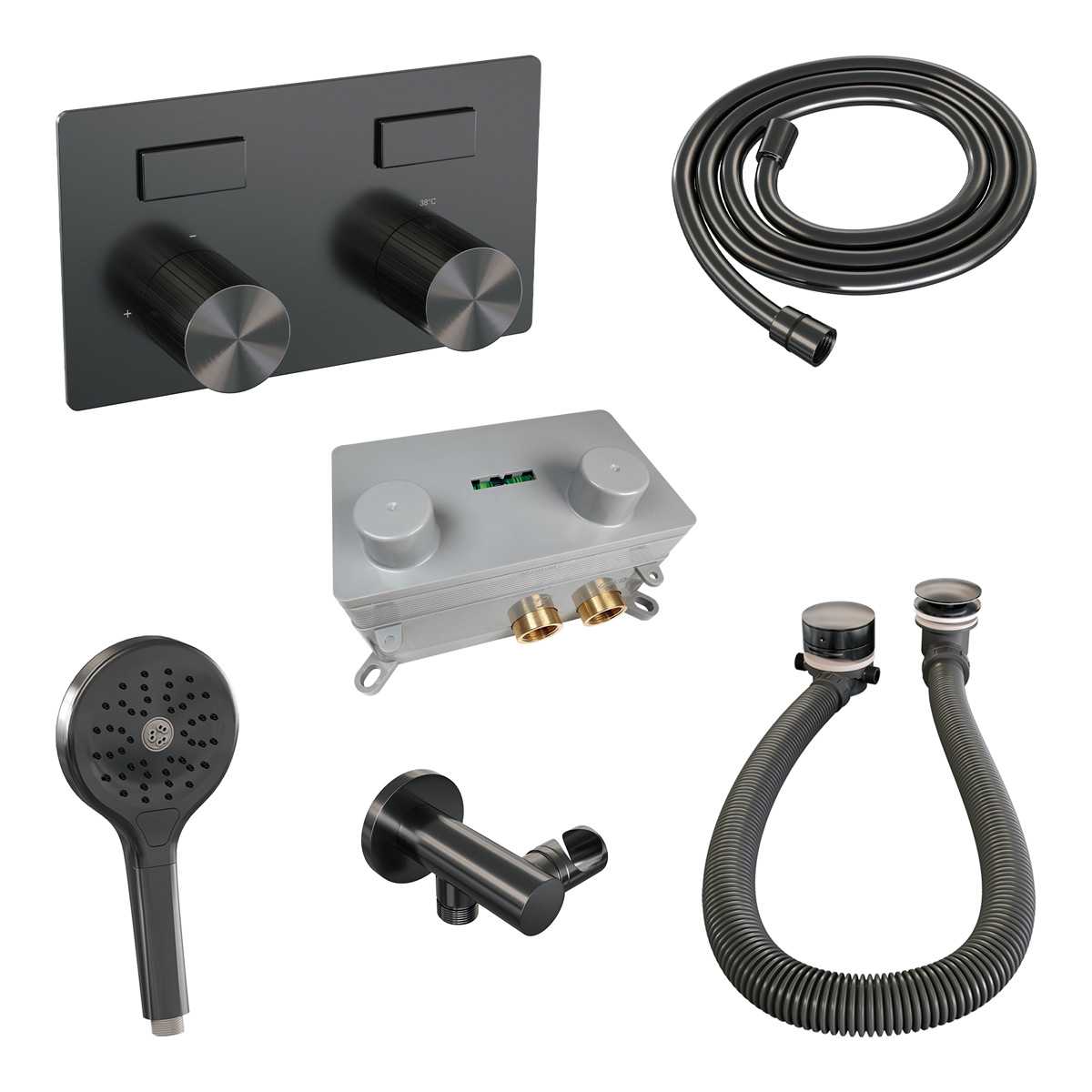 Brauer Stripe inbouw badkraan met drukknoppen, badvulcombinatie en 3 standen handdouche gunmetal geborsteld PVD