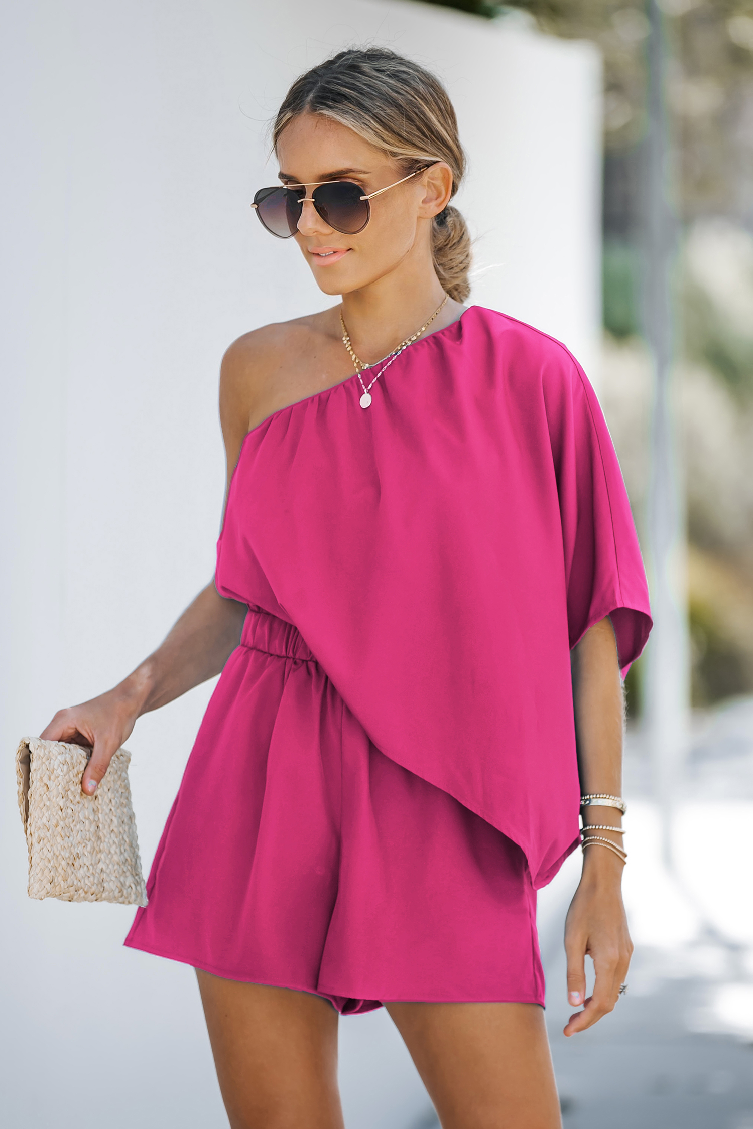 Combishort à une épaule et corsage drapé fuchsia