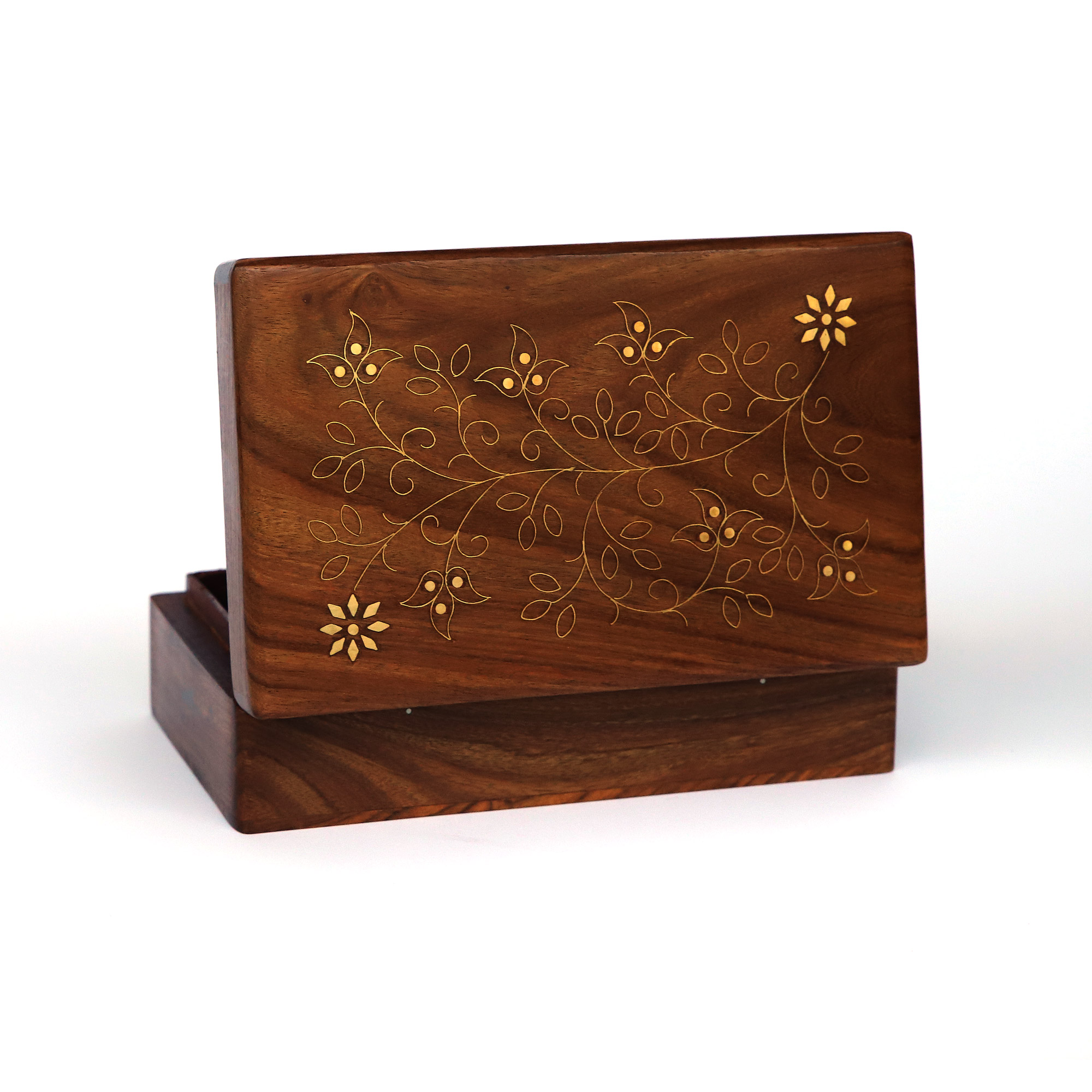 Holz-Schatulle mit Messingintarsien, braun, gold, B 20 cm, L 16 cm, H 6 cm von fischer's lagerhaus