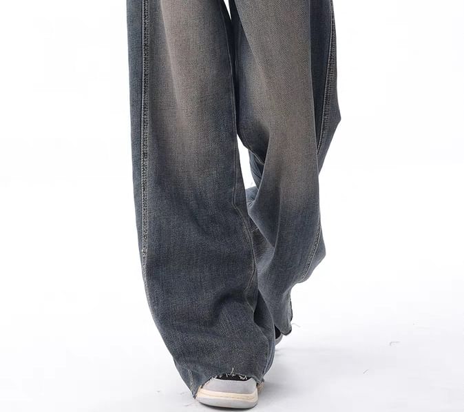 Bolgivy - Mid Rise Washed Frayed Wide Leg Jeans