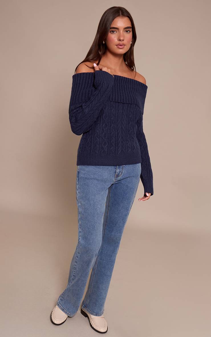 Bleu Marine Synthétiquell Bardot En Maille Torsadée Chiné