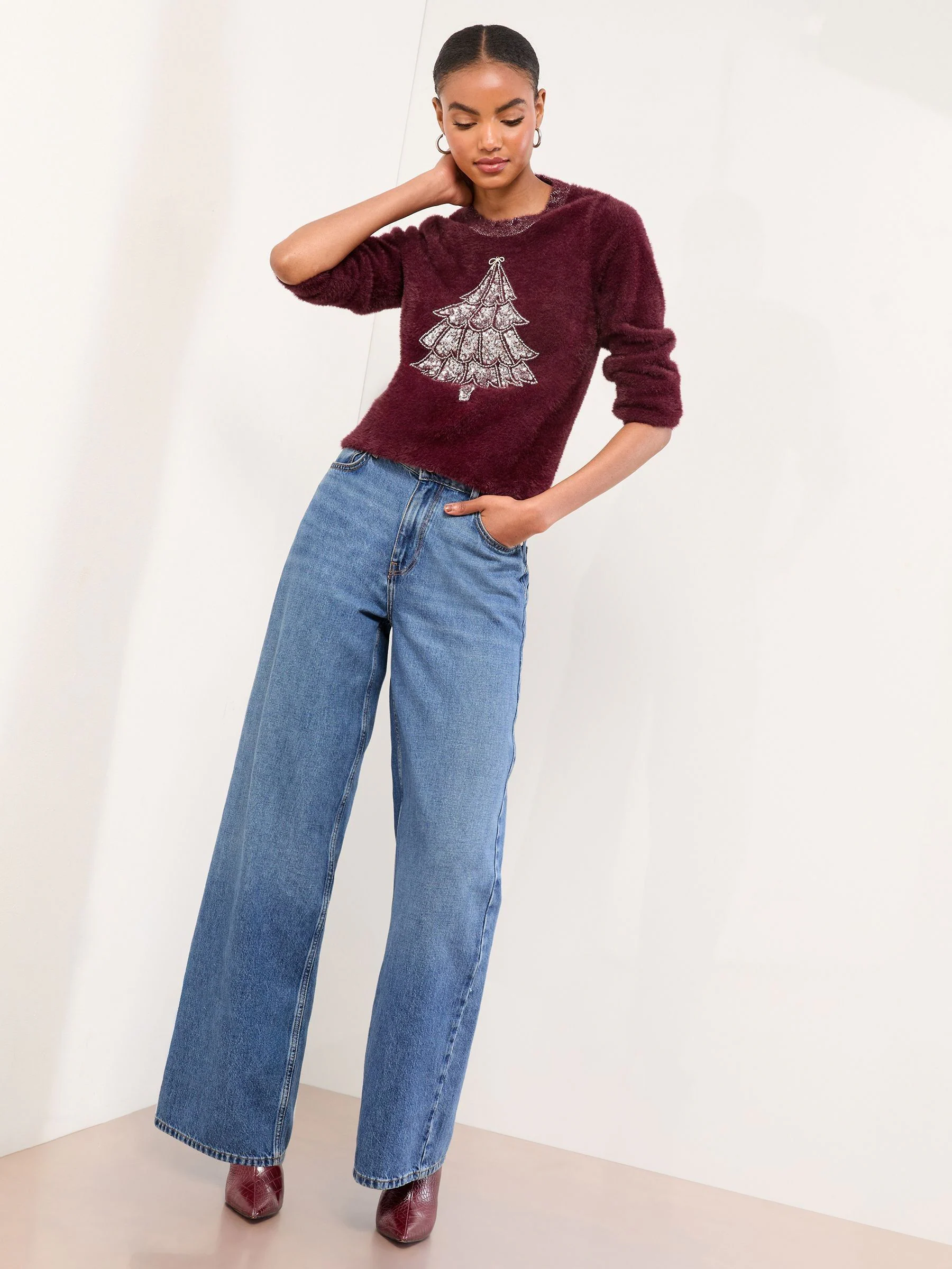 Burgundy Red Tree - Lipsy Christmas Crew Neck Eyelash Knitted Jumper