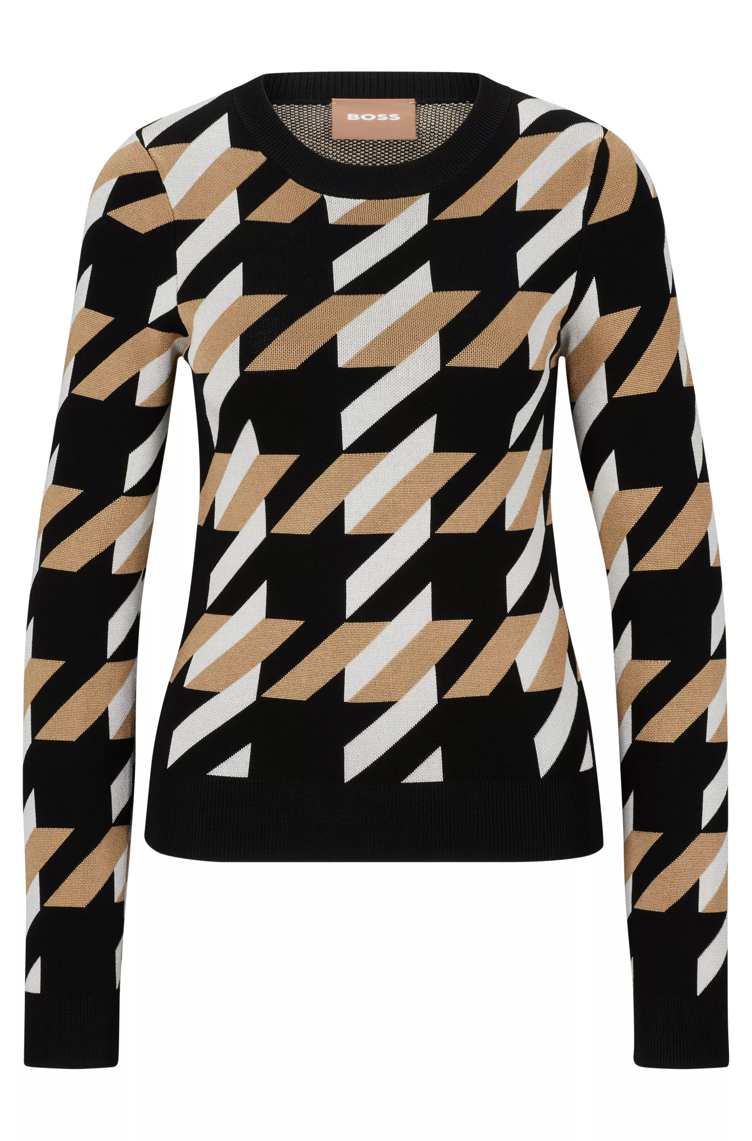 Suéter BOSS preto em malha jacquard com detalhe do logotipo.