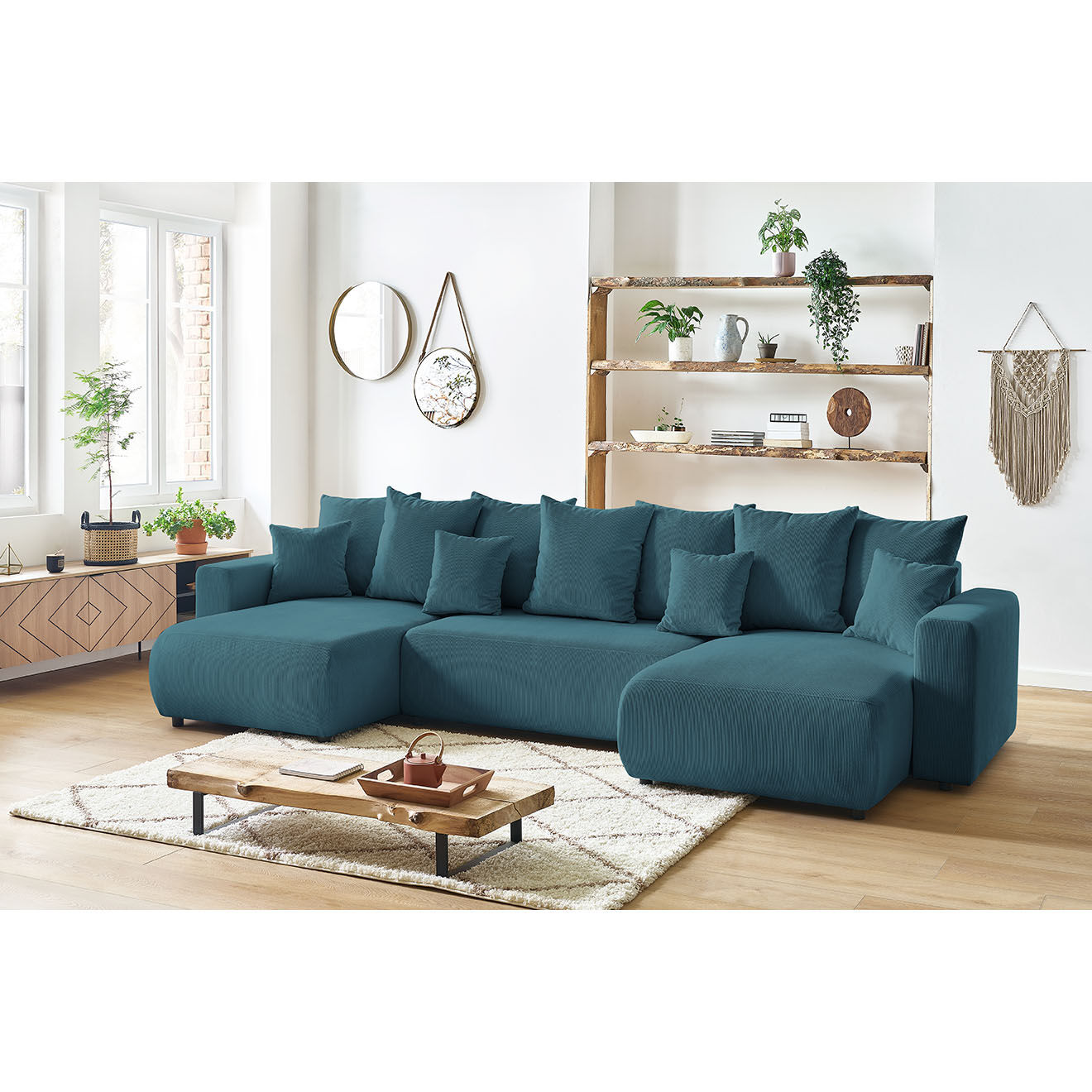Bobochic Canapé d'angle panoramique convertible coffre Envy bleu foncé - 153/97/153x386x95 cm