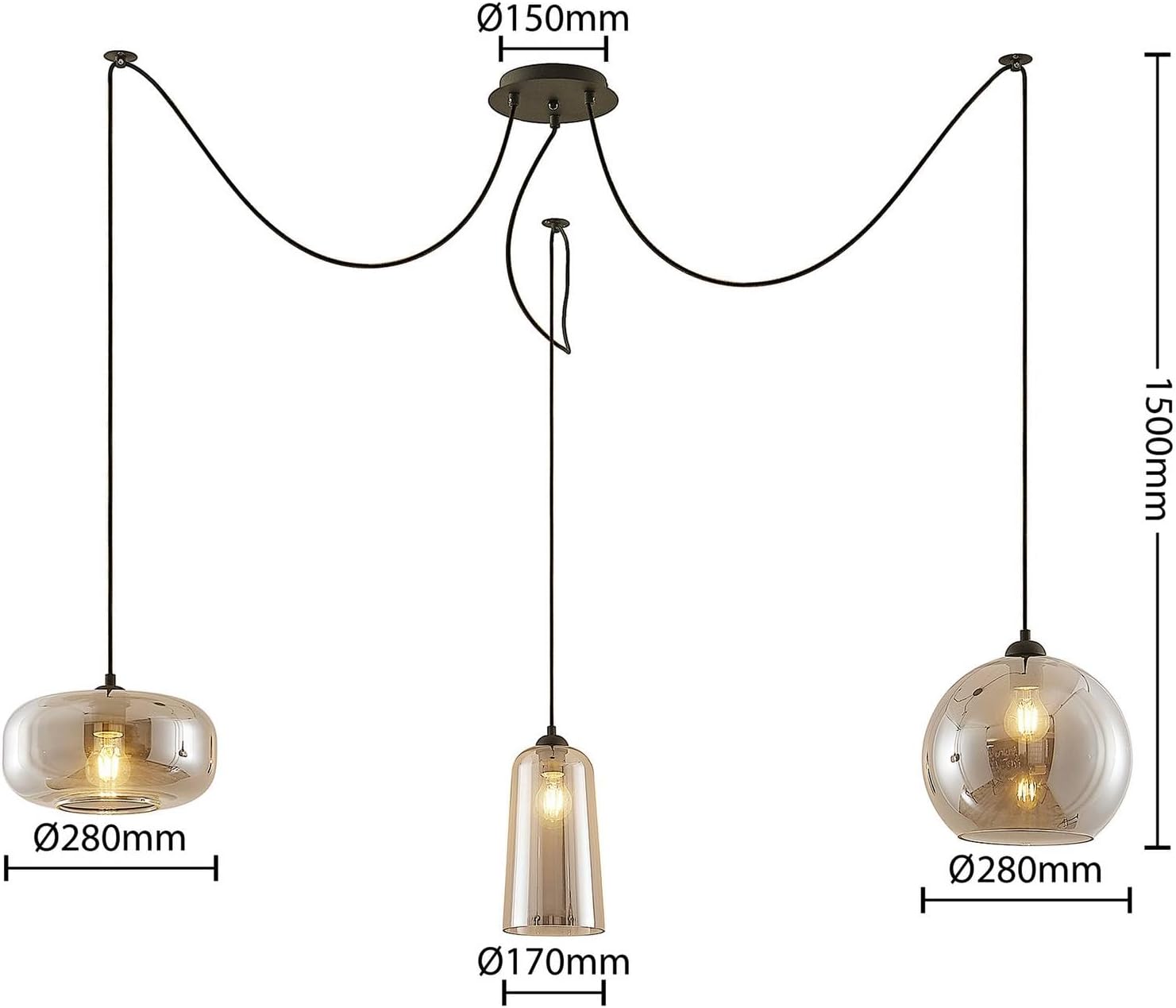 Lucande Pendelleuchte 'Zyli' (Retro, Vintage, Antik) in Alu aus Glas u.a. für Wohnzimmer & Esszimmer (3 flammig, E27) - Hängelampe, Esstischlampe, Hängeleuchte, Wohnzimmerlampe, Schwarz, Rauchgrau