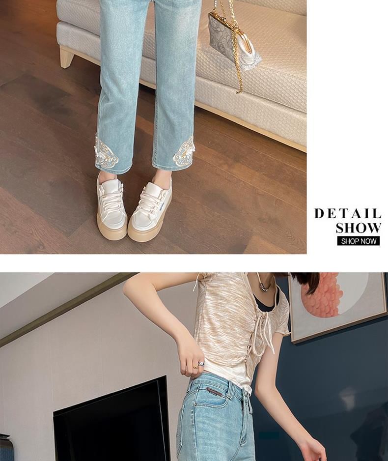 Wisjam - Hoge taille geborduurde gewassen cropped straight leg jeans
