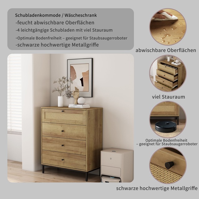 GOODproduct Kombikommode »Motala Sideboard Wäscheschrank im BOHO Design Bestseller Kommode« Eichen-Design mit Geflecht Schublade und schwarzen Griffen,