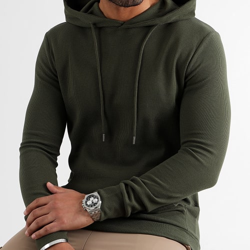 Sweat Capuche Texturé Waffle 3073 Vert Kaki