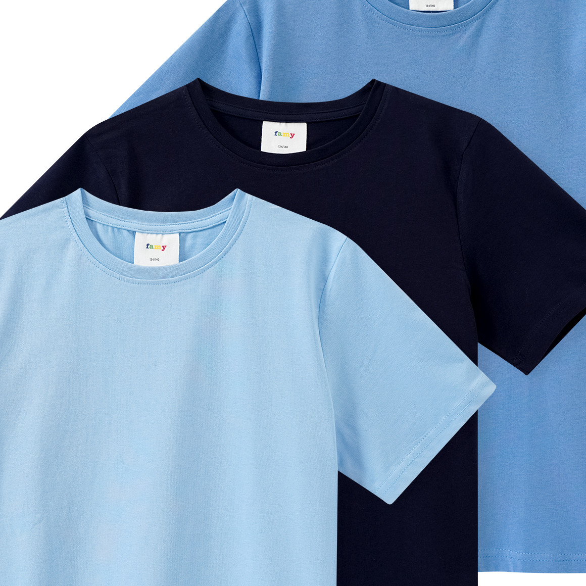 Famy 3 Jungen T-Shirts im Basic-Look blau / hellblau / dunkelblau