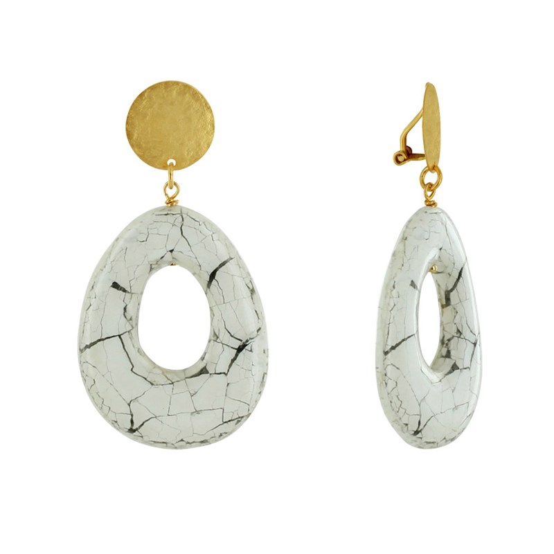 Boucles d'Oreilles Clip Laiton Mat Pastille Brossée Goutte Ajouré en Résine Craquelée