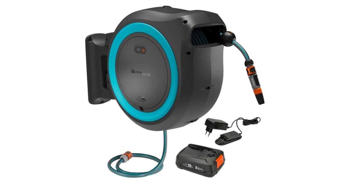 GARDENA35 m Wand-slangenbox Powerroll XL slanghaspel  (Grijs/turquoise, 35 meter, Accu en oplader inbegrepen, POWER FOR ALL ALLIANCE)