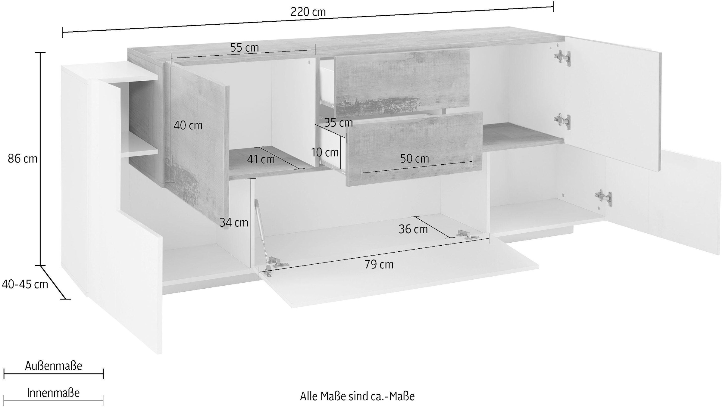 INOSIGN Sideboard »Coro, Kommode, Schrank, Kredenz, grifflos mit Einlegeböden« 1 Klappe,4 Türen,2 Schubkästen Doppeltiefe, Breite 220