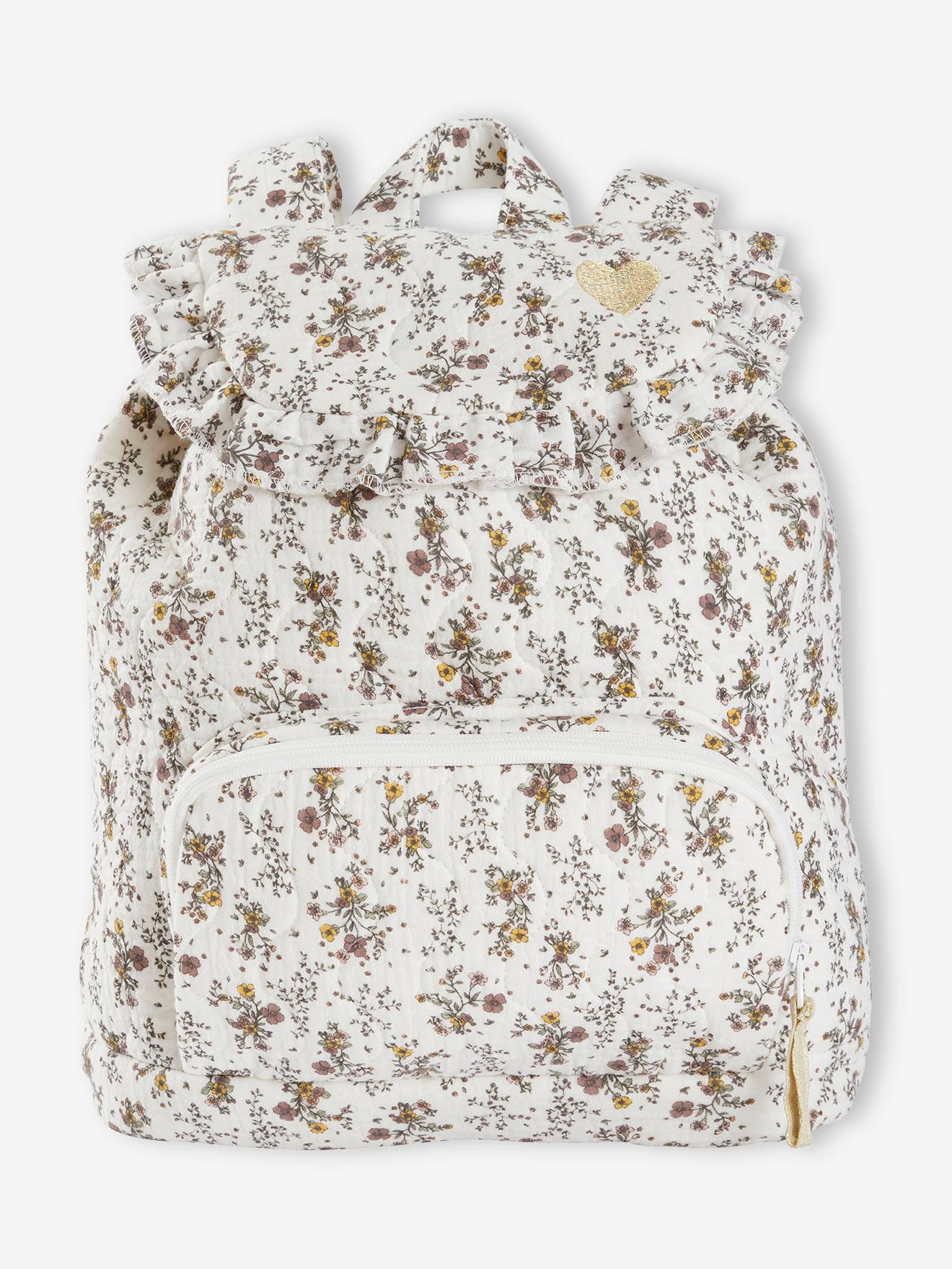Mochila estampada com flores bege claro