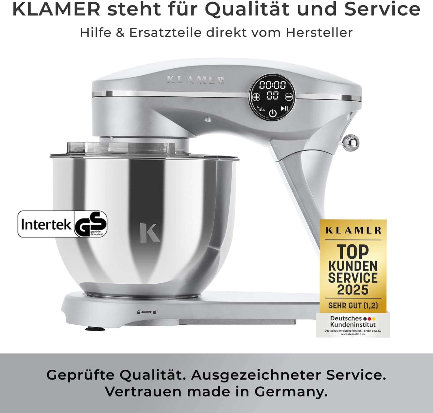 KLAMER Küchenmaschine 1800W, Knetmaschine Brotteig mit Edelstahl-Rührschüssel 6 L, 10 Stufen mit Timer, Planetenrührwerk, Rührbesen, Knethaken, Schneebesen & Sichtdeckel (silber)
