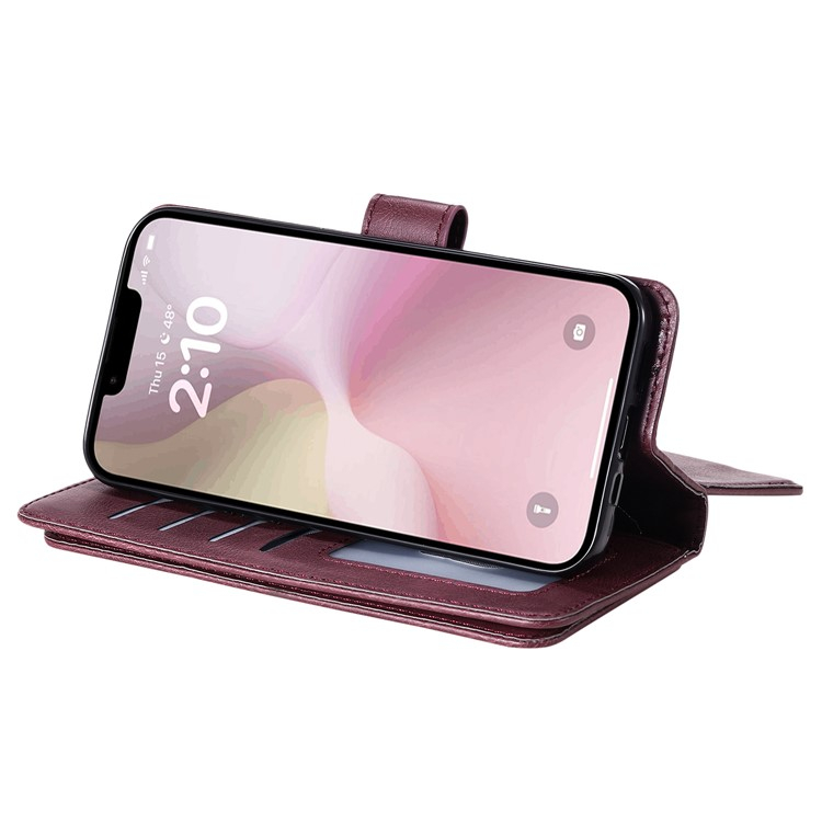 iPhone 16e Leder Tasche Flip Cover Kartenfächer mit Druckknopfverschluss - Weinrot