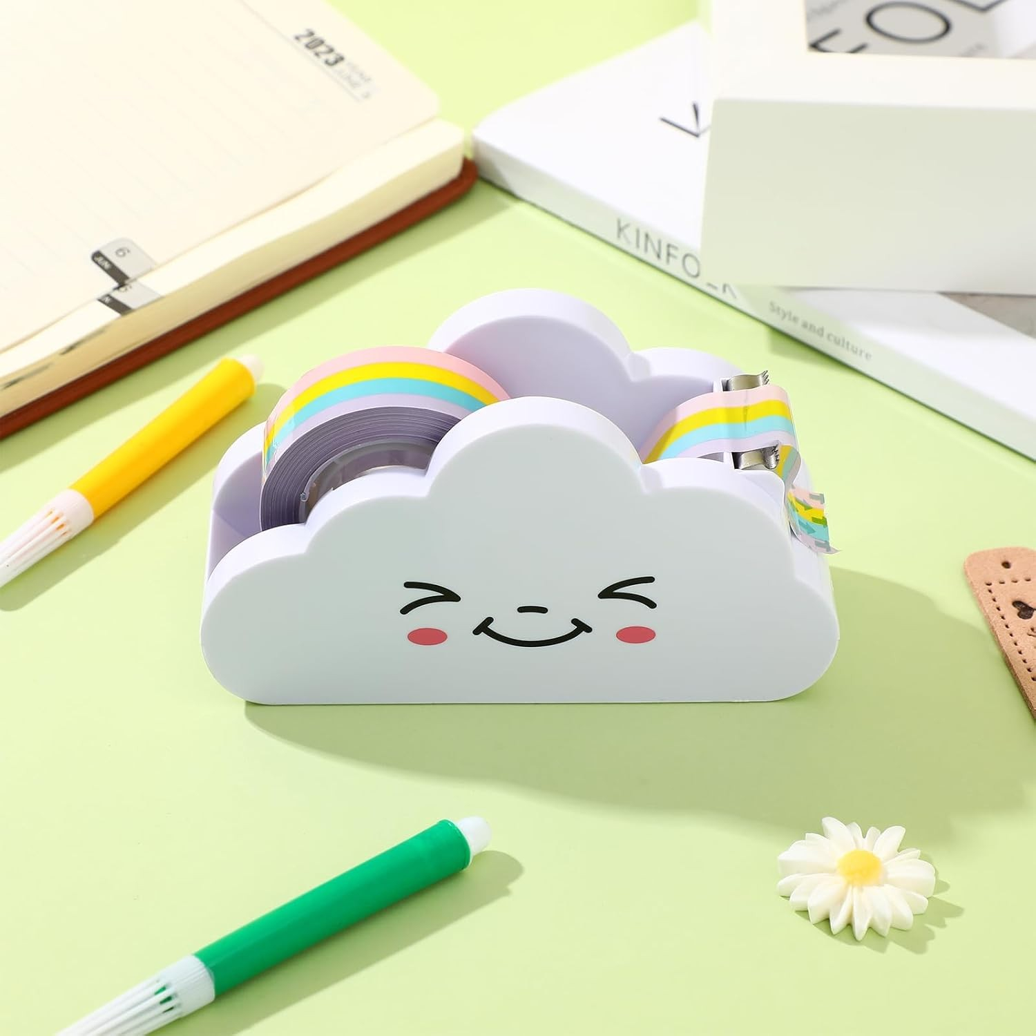 (113x61mm) Tisch Klebeband Abroller Tape Spender Klebebandroller inkl. Regenbogen Kleberolle im Wolken Design - Weiss