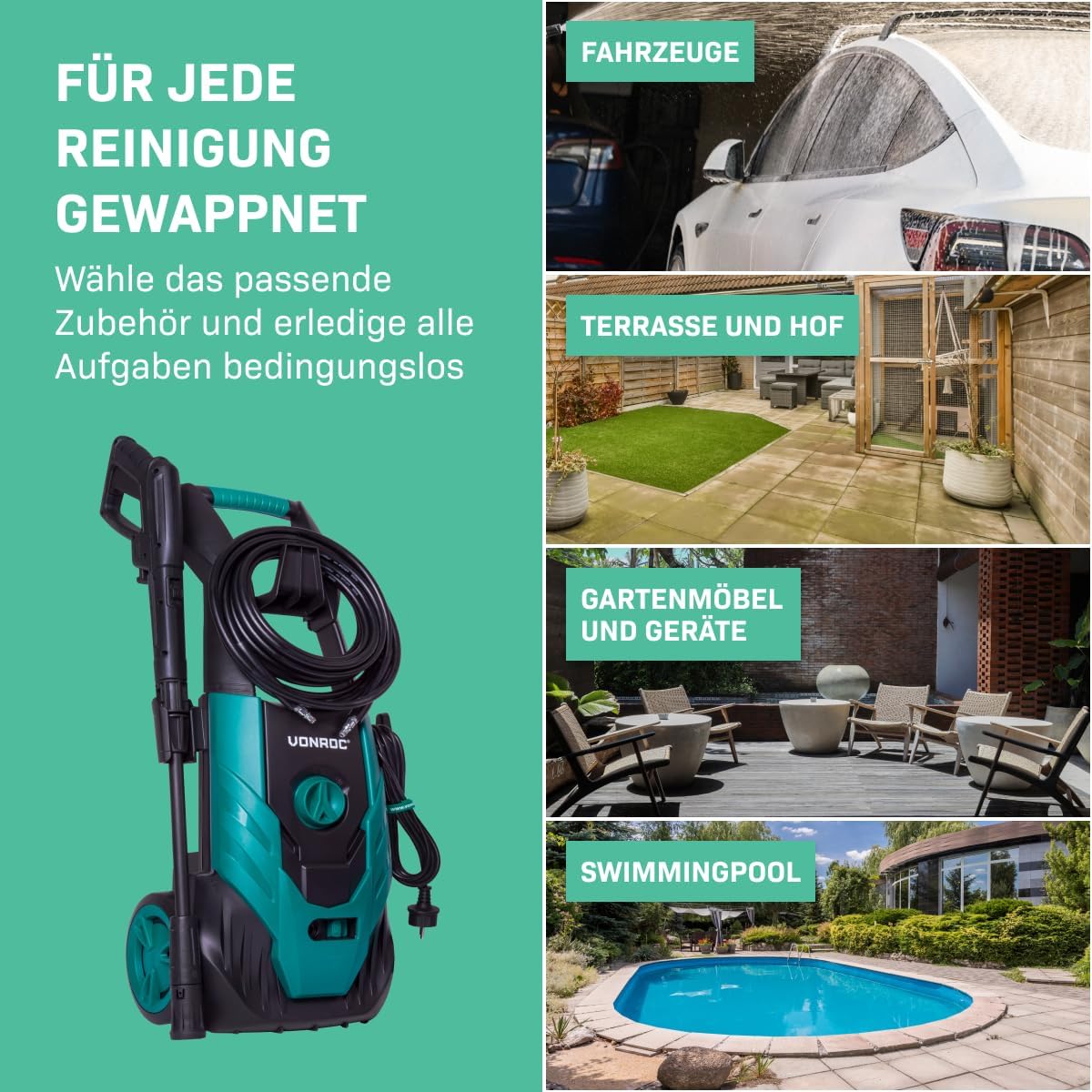 VONROC Hochdruckreiniger 140bar - Fassadenreiniger für mittlere Reinigungsarbeiten [1800W] - Durchfluss [420 l/h], Reinigungstank, Aluminium Pumpe - inkl. Terassenreiniger