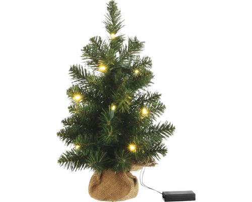 Kunstledkerstboom in jutezak, H 45 Ø 20 cm, op batterijen, verpakking van 10, warm wit