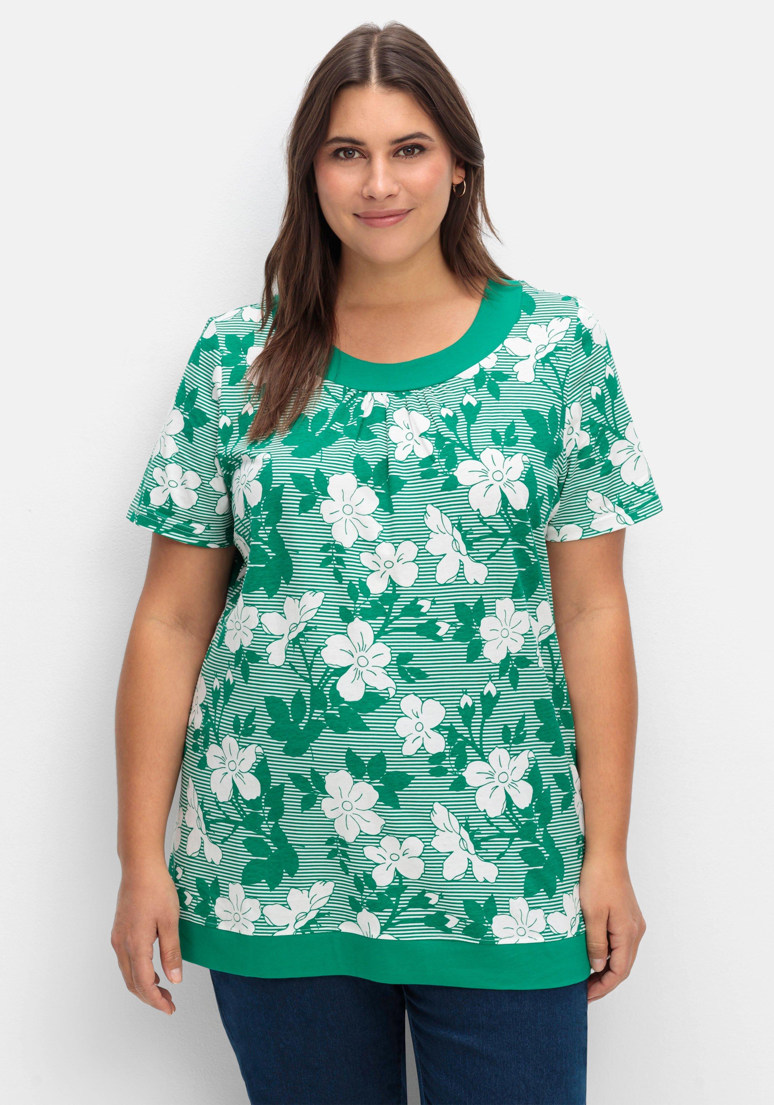 Shirt in leichter A-Linie, mit Blumendruck und Streifen