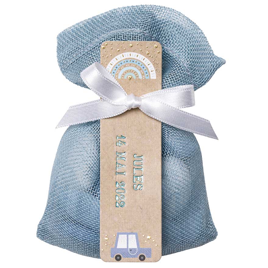 POCHETTE LIN BLEUE ETIQUETTE ARC EN CIEL BLEUE