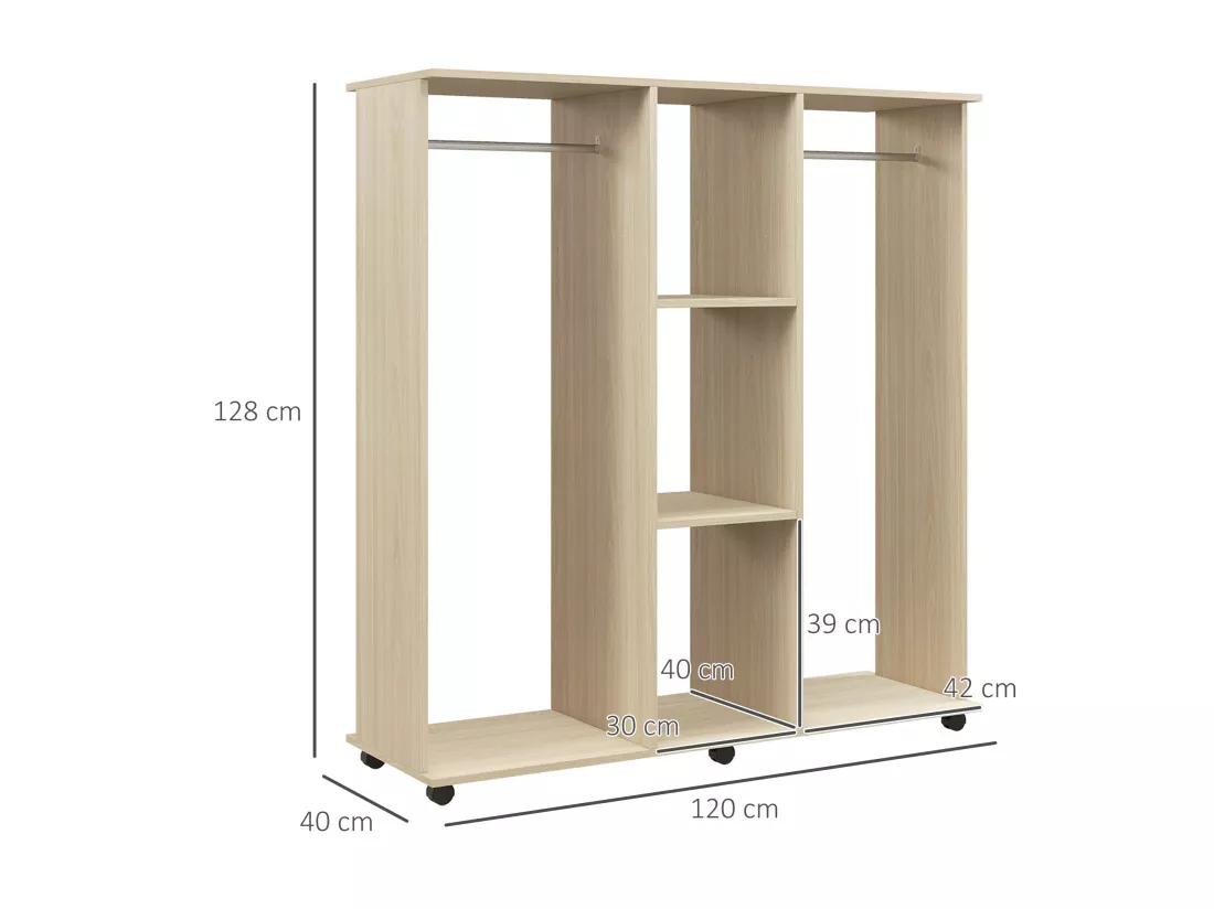 Armoire penderie meuble de rangement mobile 6 roulettes 120L x 40l x 128H cm panneaux de particules aspect bois chêne