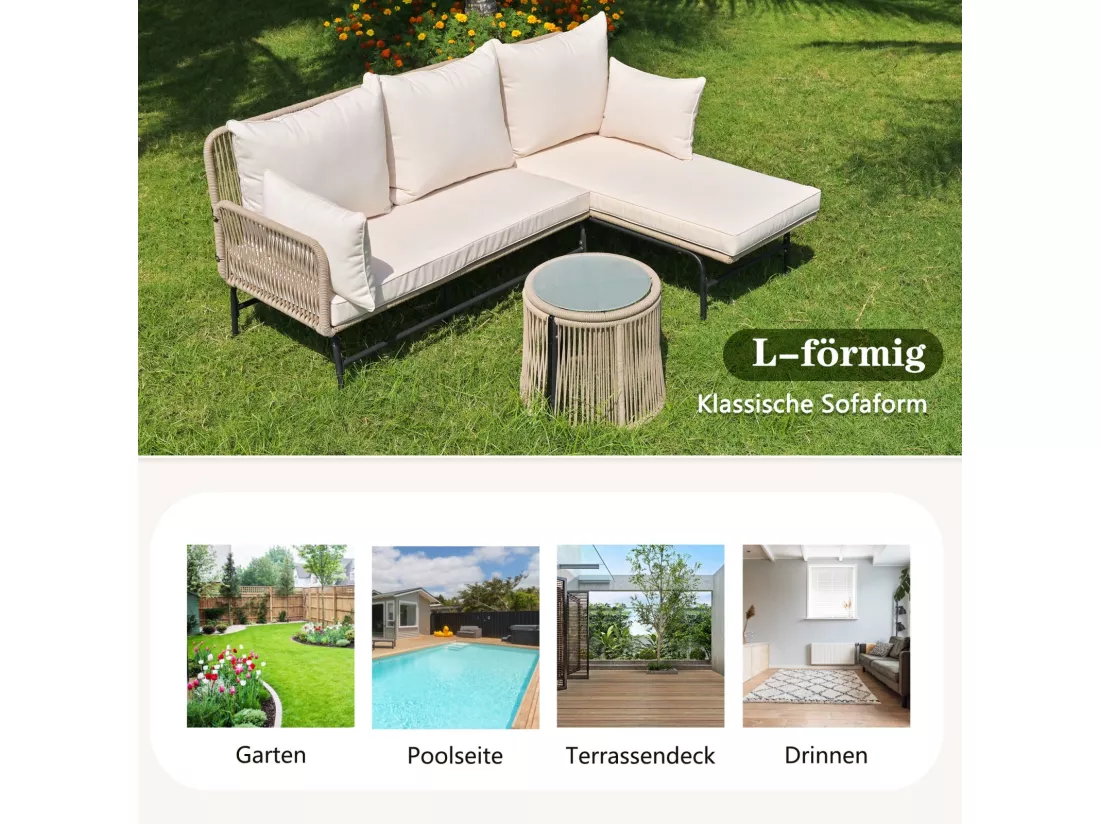 Salon de jardin en métal - avec coussins beige 8cm et dossier - Canapé 2 places + Méridienne droite + table basse