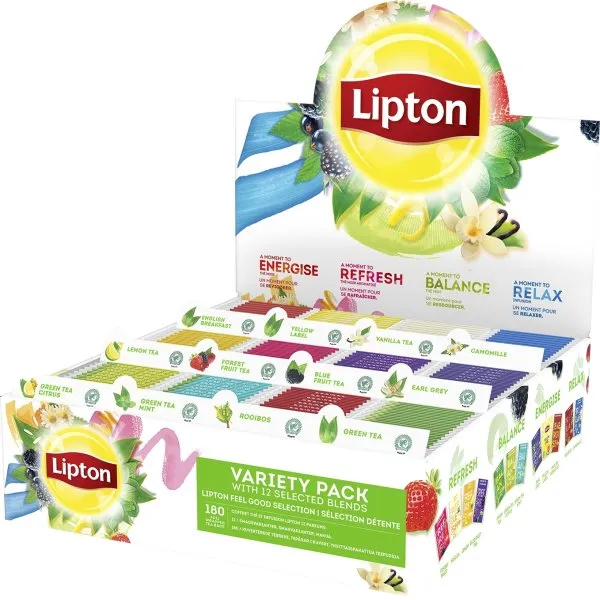 Te Lipton med 180 tebreve, i 12 varianter, i displayæske