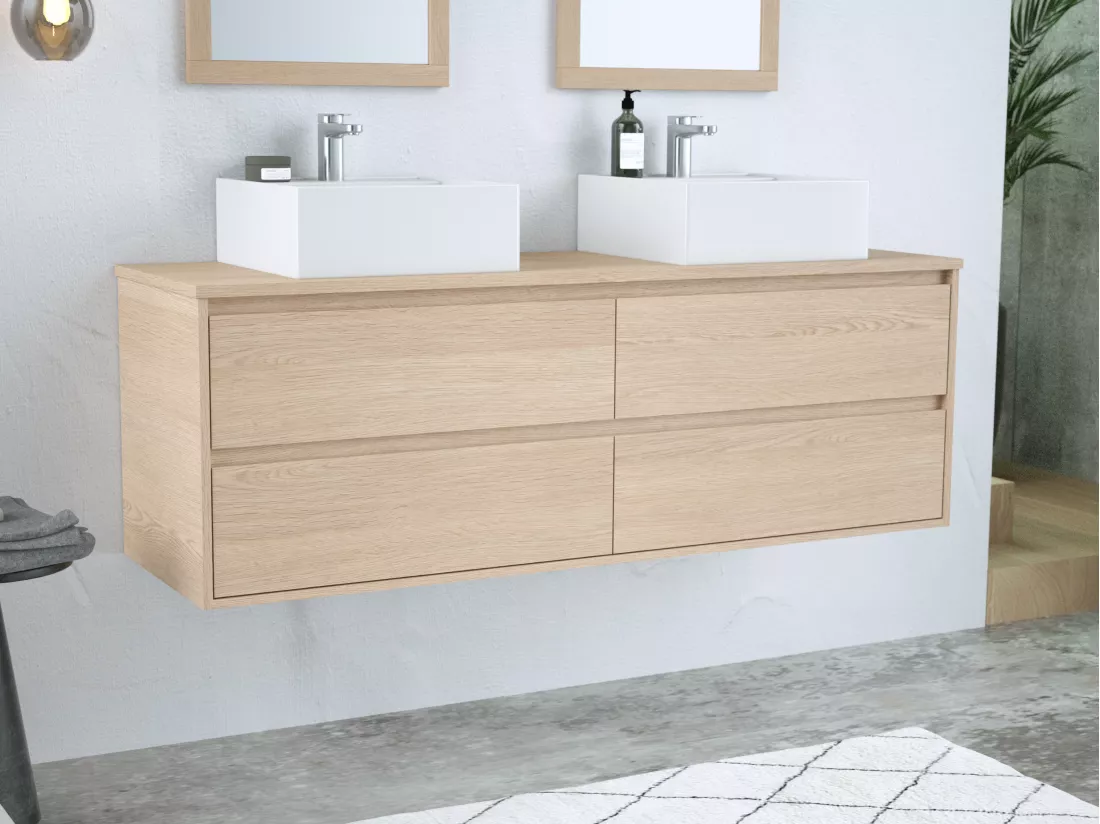Meuble de salle de bain suspendu avec double vasque à poser en céramique - Placage chêne - 150 cm - MILIPAM