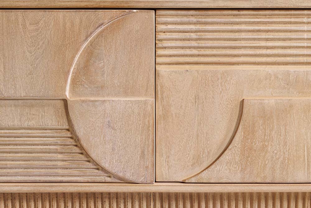 Massives TV-Board ART DECO 200cm weiß gekälkt Mangoholz 3D-Front handmade Lowboard
