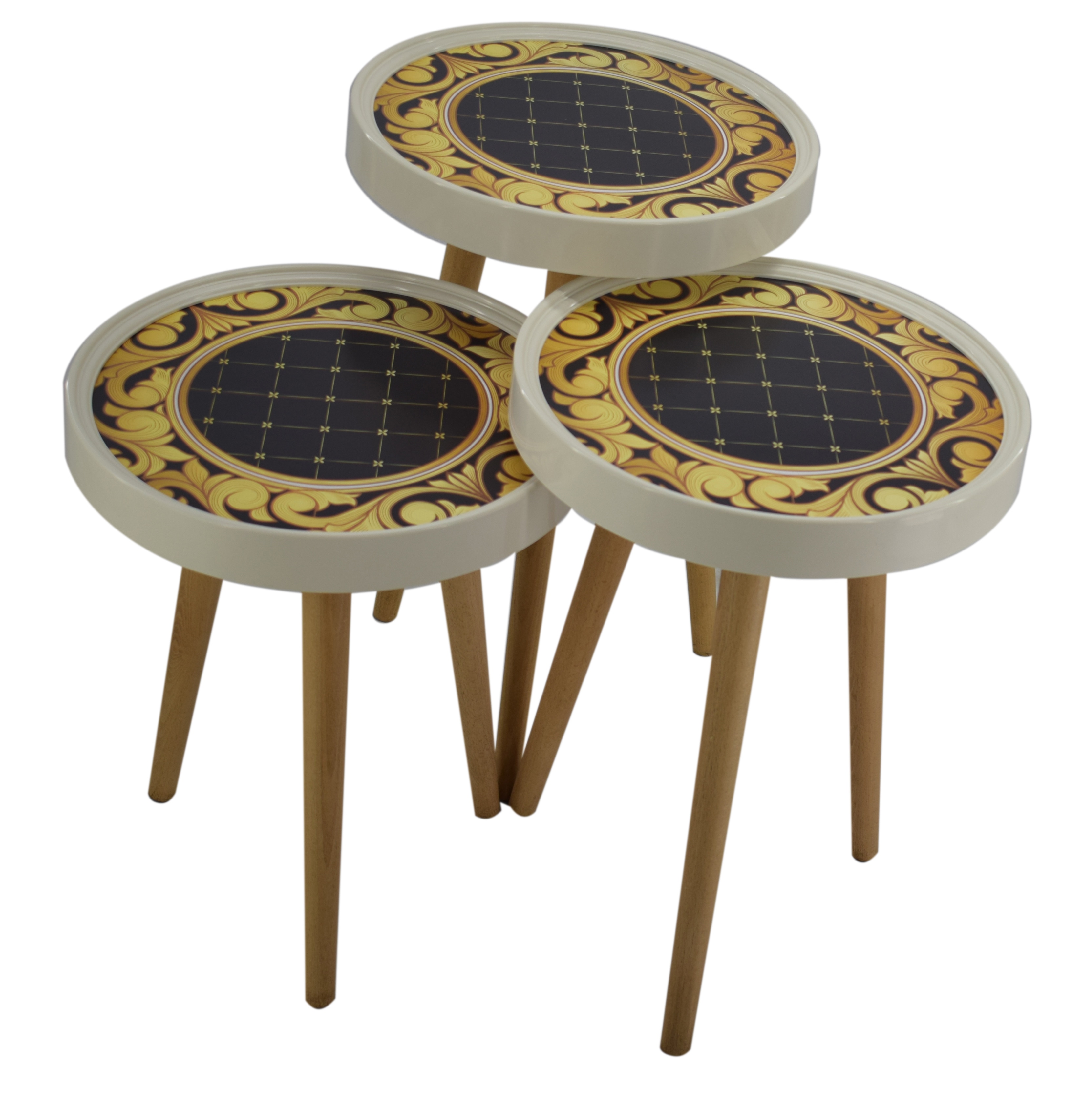 Beistelltisch 3er Set 3D mit Glas rund Schwarz Weiß CM15